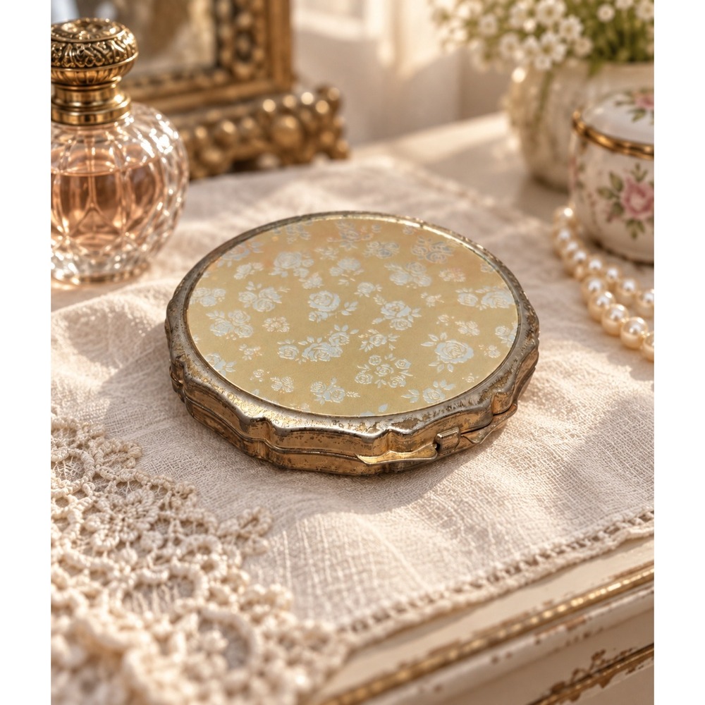 Vintage Makeup Compact Gold Tone Floral Scalloped Edge Made in Japan 3in